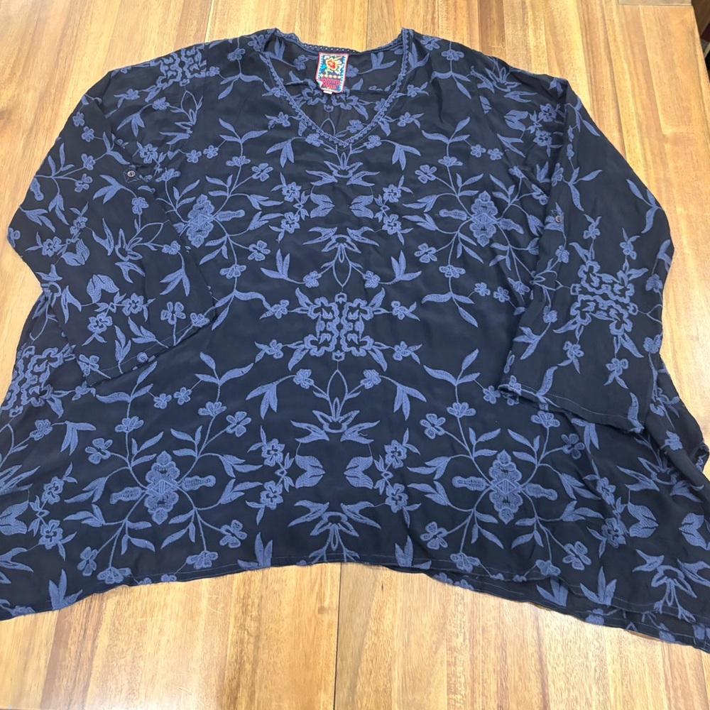 Johnny Was embroidered sheer floral blouse XL navy blue boho silk blend top